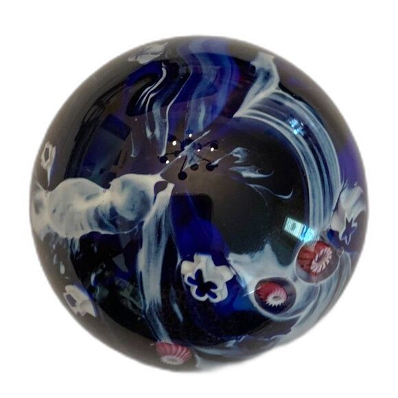 Glass Eye Studio Art Glass Millefiori Paperweight Cobalt‎ Blue 6" Diameter - Picture 5 of 7